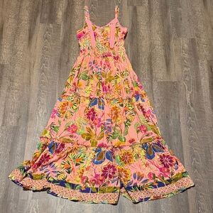 Tropical Floral Boho Maxi Dress Pink Tiered Smocked Small